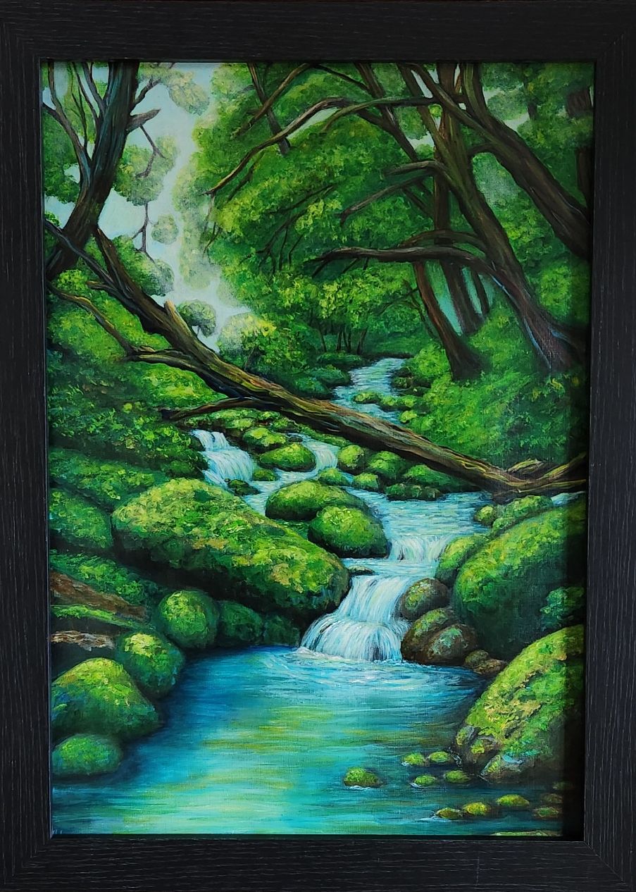 Framed Forest with Waterfalls Painting A3 Size